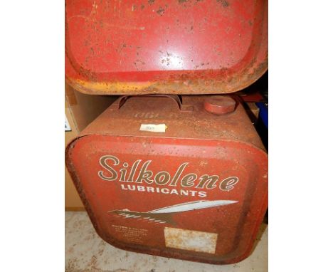 2 VINTAGE SILKOLENE RED PAINTED OIL CANISTER DEPICTING CONCORDE IMAGE