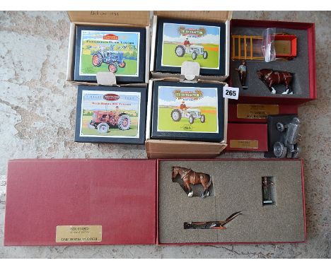 SET OF 4 BOXED VINTAGE BRITAINS TRACTORS : FORDSON E27N, DAVID BROWN 900, FERGUSON TE20 X2 & HM HORSE TUMBREL