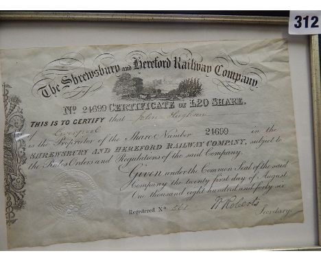 SHREWSBURY & HEREFORD RAILWAY SHARE CERTIFICATE C.1846 £20 SHARE NO 24699 WITH COMPANY SEAL