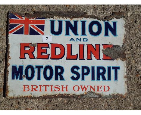 ENAMEL ADVERTISING SIGN UNION & REDLINE MOTOR SPIRIT BRITISH OWNED DOUBLE SIDED