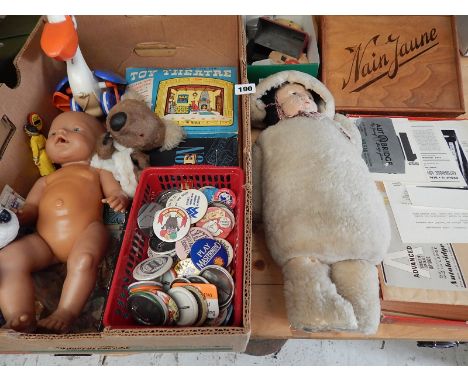 ASSORTED OLD GAMES, AUTO BRIDGE, TOY THEATRE, CANETTA DOLL, FINGER PUPPET BADGES CURIOS ETC