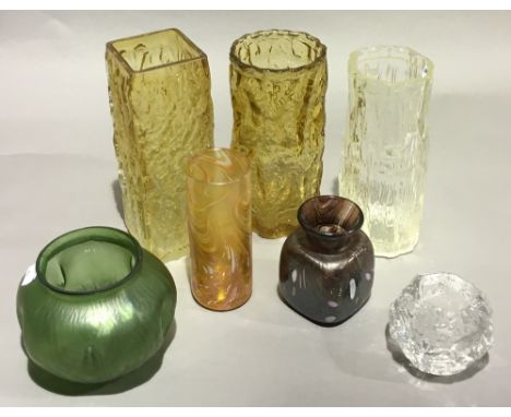 A collection of Art glass vases, including Whitefriars and a Loetz style vase