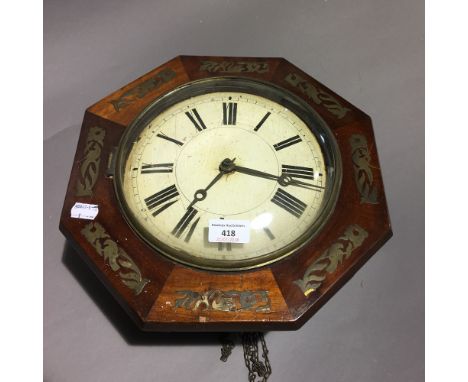 A Victorian brass inlaid mahogany postman's alarm clock