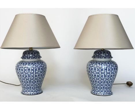 TABLE LAMPS, a pair, Chinese blue and white ceramic of lidded ginger jar form with shades, 59cm H. (2) 