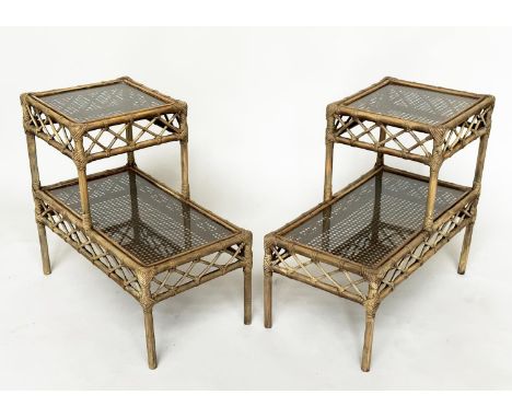 LAMP/BEDSIDE TABLES, a pair, rattan, bamboo, wicker panelled and cane bound each, glazed with two stepped tiers, 62cm H x 66c