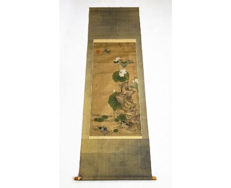 CHINESE SCROLL, watercolour on silk depicting a pair of ducks beneath lotus blooms and butterflied with seal and character ma