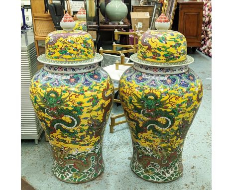 TEMPLE JARS, a pair, with covers, glazed ceramic, 110cm H approx. (2) 