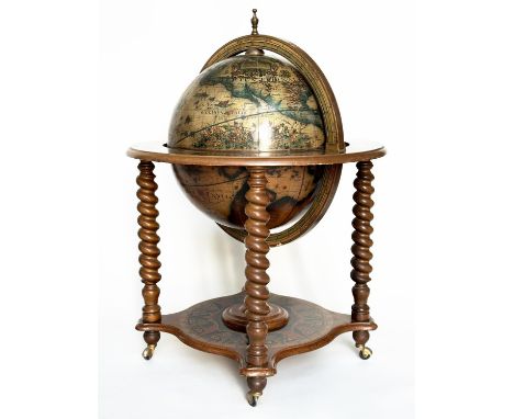 GLOBE COCKTAIL CABINET, in the form of an antique terrestrial globe on stand with rising lid and filled interior, 98cm H. 