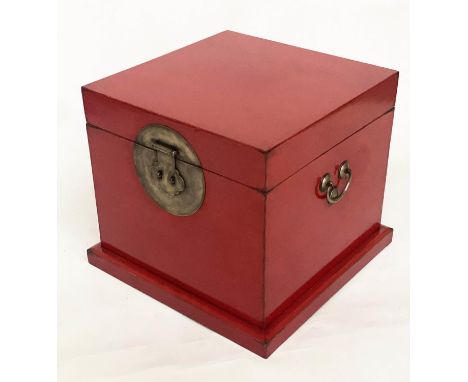 TRUNK, 55cm sq. x 50cm H, Chinese export, early 20th century, scarlet lacquered and silver metal mounted, with plinth and car