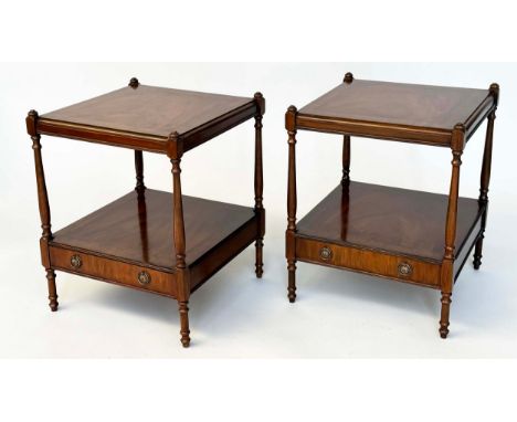 LAMP TABLES, a pair, George III design figured walnut and crossbanded each with two tiers and drawer, 45cm x 45cm x 59cm H. (