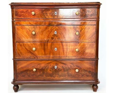 HALL COMMODE, 19th century Danish flame mahogany of adapted shallow proportions with four long drawers and toupé supports, 10