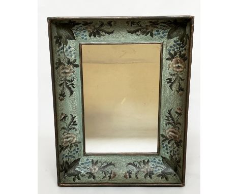 WALL MIRROR, vintage rectangular with hand floral painted blue cushion frame, 112cm x 87cm. 