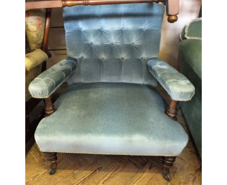 A Victorian Applewood dining chair with blue button back velvet upholstery