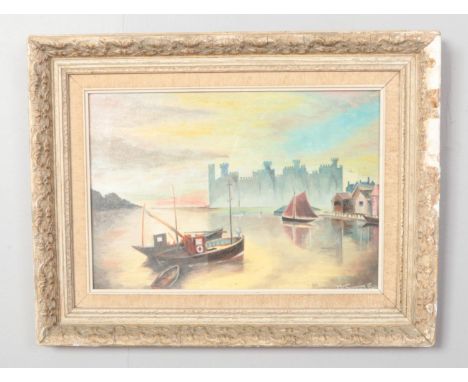 T K Steele, a framed oil on board, Caernarfon Castle. (23.5 x 34.5cm).  
