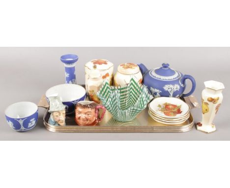 A tray of ceramics and glass. Includes Wedgwood jasperware, character jugs, handkerchief glass vase and Palissy.  