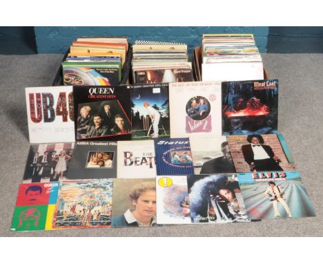 Three boxes of mainly rock and pop 33 RPM records. To include albums from Queen, Elton John, Michael Jackson, Abba and Earth,