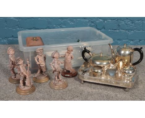 A box of miscellaneous. Silver plate coffee pot, teapot, milk jug, sugar bowl, set of 5 Italian figurines etc  