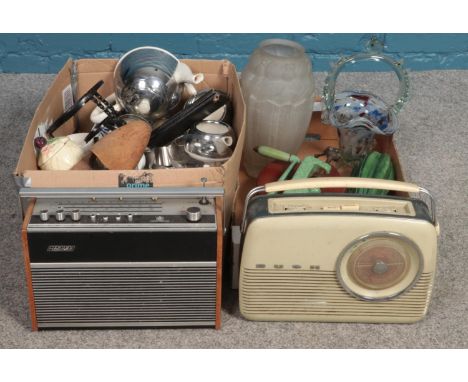 Two boxes of miscellaneous items. To include an enamel mincer, two vintage radios and a three piece 'ever-hot' chrome and cer