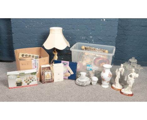 Two boxes of miscellaneous. To include a boxed collection of 12 mini snow globes, cabinet plates, a lamp and four trios of Se