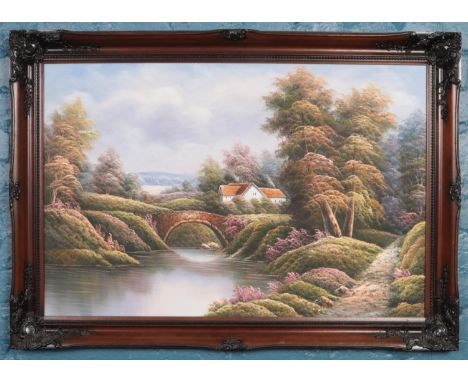 A large oil on canvas of a country house on the stream. Signed by the artist K. Roberts. Size of painting 90cm x 60cm.  
