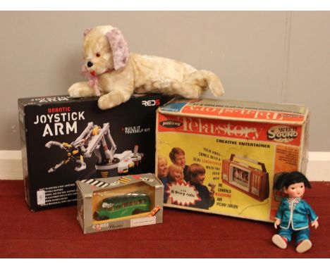 A collection of miscellaneous. Red 5 Robotic Joystick arm (boxed/unopened), Palitoy Tel-a-story (boxed), Corgi Bedford type O