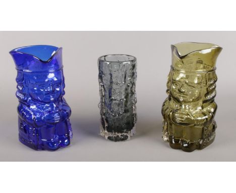Two pieces of Whitefriars glass, along with similar styled item. Includes two Toby jugs by Stuart Miller, 'Barnaby' (cobalt b