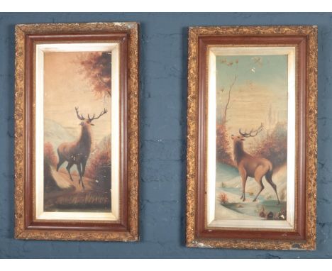 Two framed portrait oil on board paintings showing a pair of deer.  Some paint flaking from both examples.