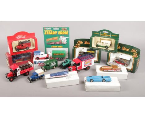 A collection of diecast vehicles. Includes Corgi and Lledo advertising examples, Eddie Stobart etc.  