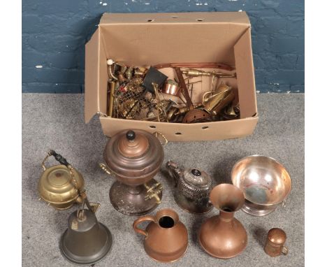 A box of metalwares. Including copper samovar, copper jugs, silver plated teapot, copper posser, silver plate presentation bo