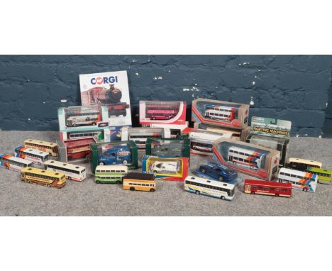 A box of die cast vehicles. Corgi The Original Omnibus 97839 Leyland PD1A (boxed), Corgi Jaguar XJR9 94330 (boxed), Saico Mor