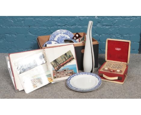 A  box of miscellaneous. Losol Ware 'Doveridge' plates, Vidor 'My Lady Margaret' radio, vintage postcard album etc.  