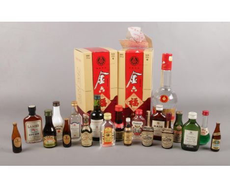 Two boxed bottles of Chinese Jin Liu Fu liquor and a selection of miniatures. To include a Haig Gold Label Scotch whiskey, Bo