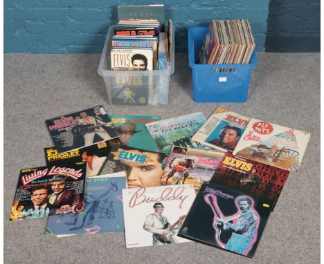 A box of rock &amp; pop LP records and a box of Elvis books and memorabilia. The Shadows, Buddy Holly, Cliff Richard, etc.  