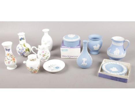 A quantity of Wedgwood &amp; Aynsley ceramic's. Wedgwood blue Jasperware vases, trinket (boxed), pin dish (boxed). Aynsley va