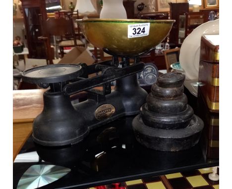Cast iron kitchen scales &amp; weights with brass pan