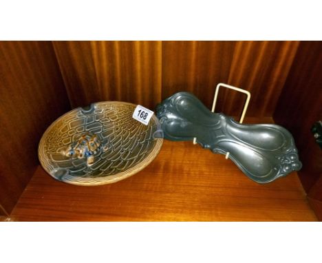 A pewter art nouveau card tray and a Wade tortoise ashtray