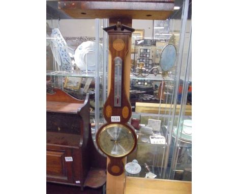 A mahogany inlaid barometer/thermometer. COLLECT ONLY.