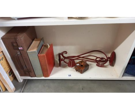 c1890 terracotta frog pottery ashtray, an old case, books and pair of wall candle sconces