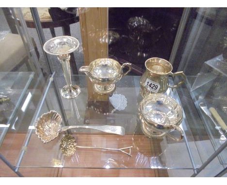 A mixed lot of silver plate including sugar bowl, milk jug, trinket box, ladles etc.