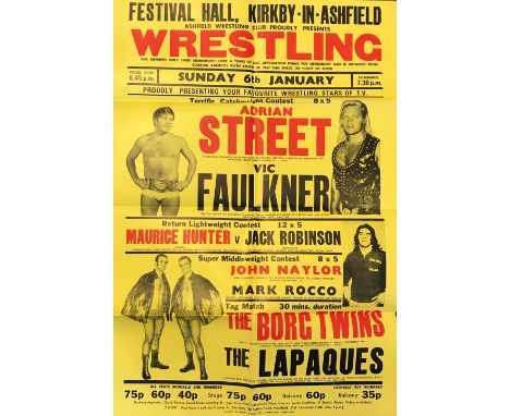 British Wrestling Vintage 1970s Poster From Festival Hall, Kirkby-In-Ashfield 20x30 Inc. Adrian Street V Vic Faulkner, The Bo