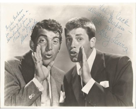 Dean Martin and Jerry Lewis signed 10x8 vintage black and white photo dedicated. Good condition. All autographs come with a C