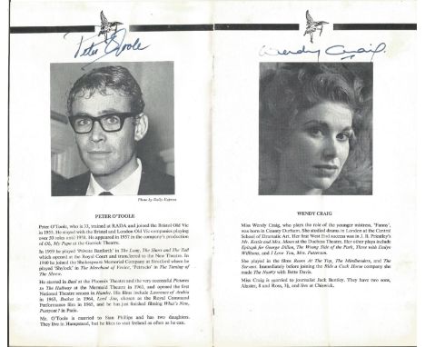 Peter O'Toole and Wendy Craig signed Piccadilly Theatre Ride a Cock Horse production vintage programme signed inside on bio p