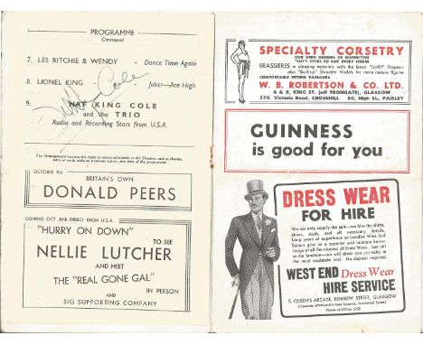 Nat King Cole signed Glasgow Empire vintage Theatre programme. Good condition. All autographs come with a Certificate of Auth