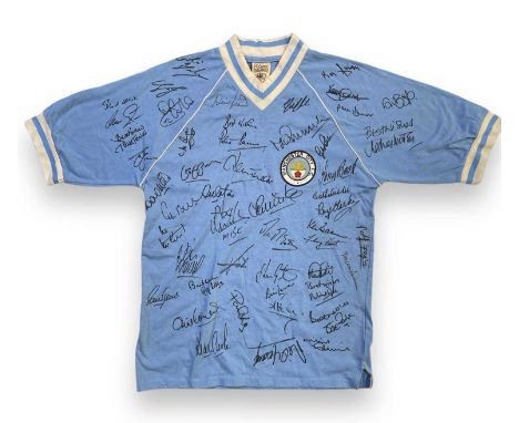 A 'Score Draw' retro style football shirt (M) signed by 40+ former players inc City legends. Signatures to inc: Colin Bell, M