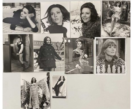 Nine glossy vintage mostly c 8x10" photographs depicting Diana Rigg to include original still from James Bond 'On Her Majesty