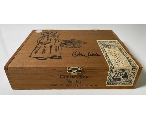 An empty 'Cuesta-Rey' cigar box (approx 23.5 x 17.5 x 5.5cm) with signature and sketch both by Orson Welles. With small stick