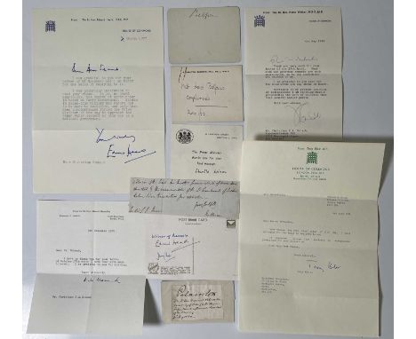 A collection of signed political ephemera to inc: postcard signed by Ted Heath, Harold Wilson, Jeremy Thorpe. 8 signed items 