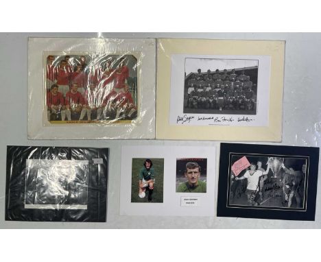 Five mounted displays with signatures to inc: Nobby Stiles, Alex Stepney, members of the '68 European Cup winning team (photo