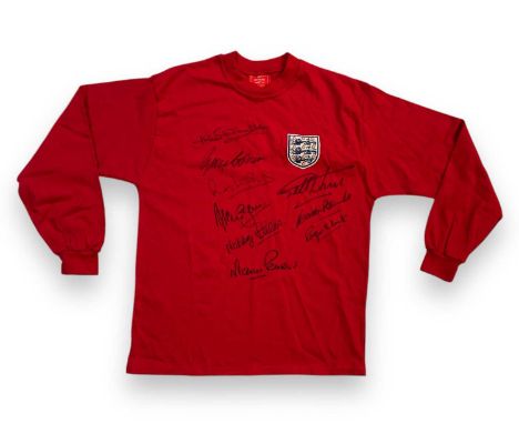 A 'Nostalgic Shirt Co' 1966 England World Cup replica shirt signed by Gordon Banks, Nobby Stiles, Roger Hunt, Martin Peters, 