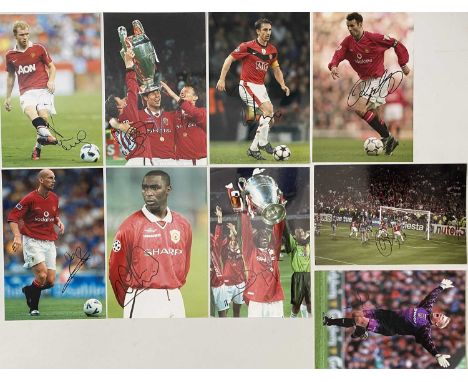 21 glossy, well printed photographs, most approx 8x12" with signatures from Manchester United legends to inc: Bobby Charlton,